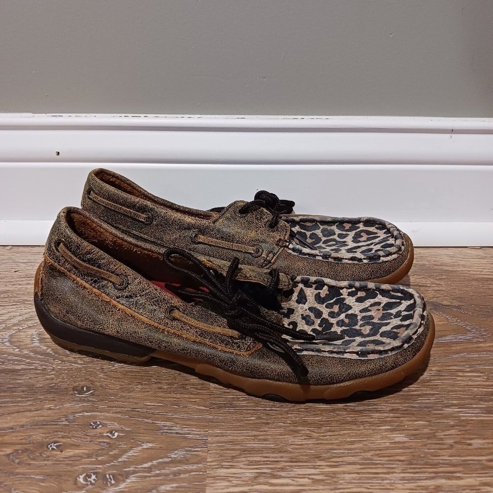 Twisted X Chocolate with Cheetah Driving Moccasin Shoes Brown WDM0057 Size 7.5